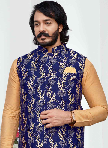 Cream Woven Art Silk Kurta Blue Jacket With Churidar Pyjama